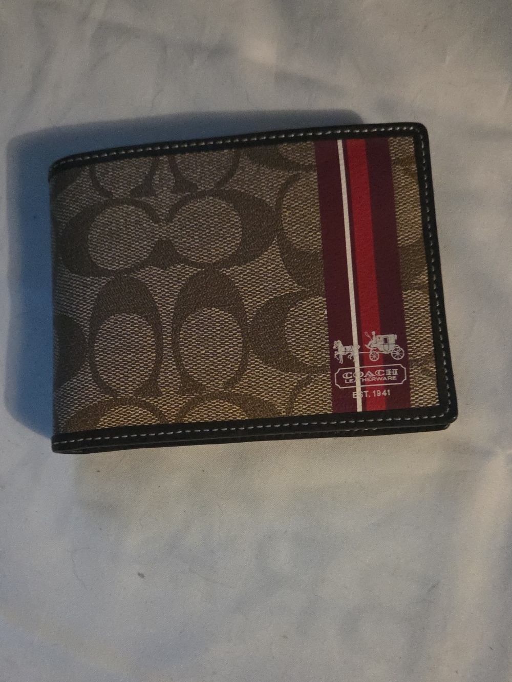 Coach Signature Canvas Card Holder in Brown with Burgundy and Red Stripes